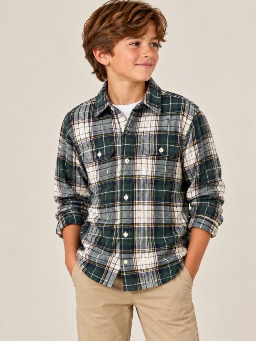 GapKids Boys Plaid Flannel Shirt Green & Yellow Size Large (10) Holiday Vibes NW